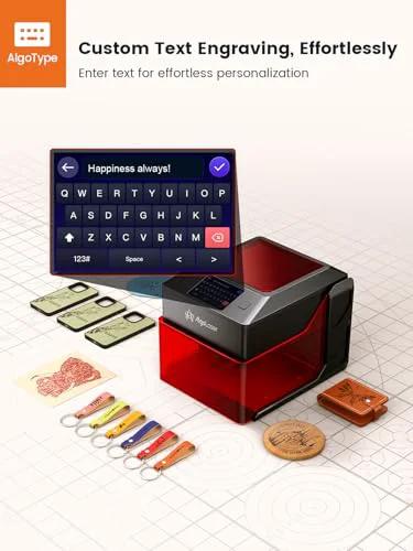 AlgoLaser 10W portable laser engraver front view with 3.5-inch touchscreen; red/black unit and sample engravings
