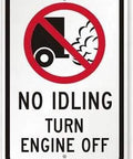 Front view of 8x12 tin metal No Idling safety sign with red no-idling graphic and Turn Engine Off text.
