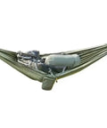 Ultralight Hammock Storage Sling For Bikepacking And Camping Gear, The Go To Portable Organizer With Open Air Design, shown carrying gear.