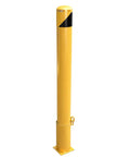 46 Inch Removable Steel Safety Bollard With Bright Yellow Powder Coat Embedding Sleeve, showing top black detail and locking ring.