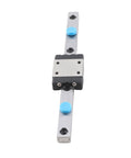 100mm linear rail guide with sliding block on silver rail; blue caps visible