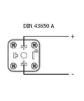 Front view of hydraulic solenoid valve with DIN 43650 A terminal block and plus/minus terminals.