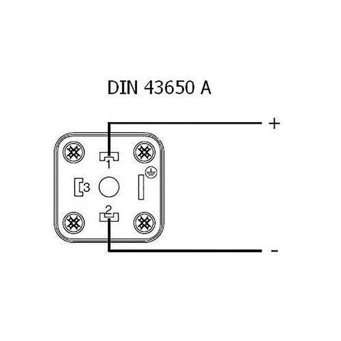 Front view of hydraulic solenoid valve with DIN 43650 A terminal block and plus/minus terminals.