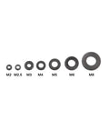 Nylon Flat Washer Set 350/500 Pcs Black Insulation Washers M2 To M8 With Seals, Spacers, Gasket Ring Kit For DIY Plumbing, Pro Grade Auto Repairs, Hoses, And General Hardware Projects. Black nylon flat washers M2-M8 shown in size order
