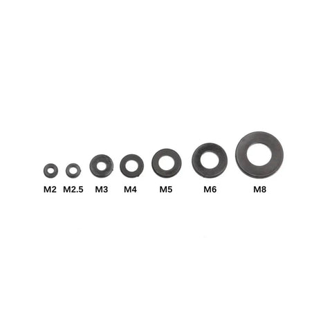 Nylon Flat Washer Set 350/500 Pcs Black Insulation Washers M2 To M8 With Seals, Spacers, Gasket Ring Kit For DIY Plumbing, Pro Grade Auto Repairs, Hoses, And General Hardware Projects. Black nylon flat washers M2-M8 shown in size order