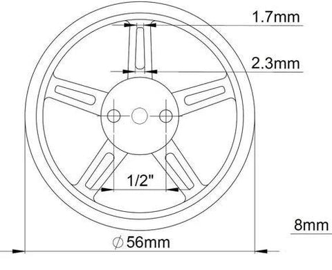 Front view schematic of a 56mm RC tire wheel for FS90R micro servo motor.