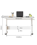 Adjustable Height Standing Desk With Slick Hand Crank, Ergonomic Beige Office Table dimensions shown with laptop and office supplies.