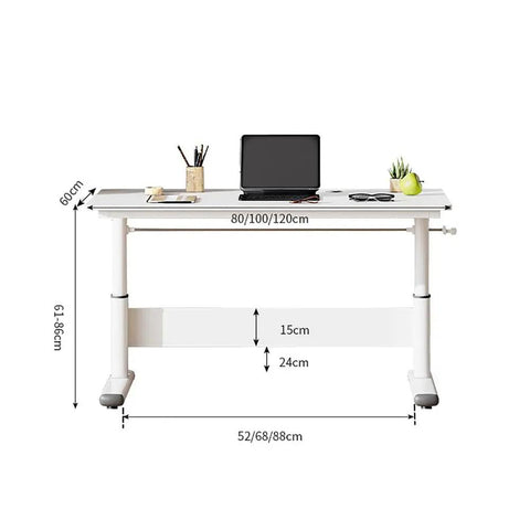 Adjustable Height Standing Desk With Slick Hand Crank, Ergonomic Beige Office Table dimensions shown with laptop and office supplies.