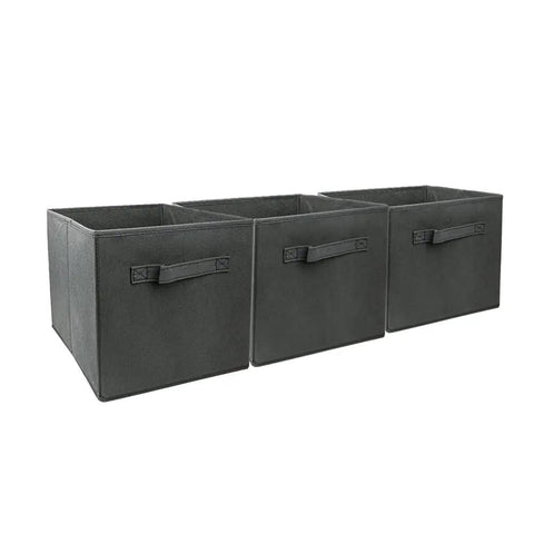 Three Pack Cube Storage Bins 9.0x7.5x7.5 Inches Foldable Fabric Closet Organizer, gray with reinforced handles, side view