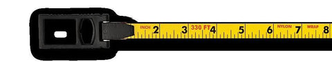 Close-up of Open Reel Tape Measure 330 Ft Steel Y Reel with nylon-wrapped inch scale and shock resistant blade.