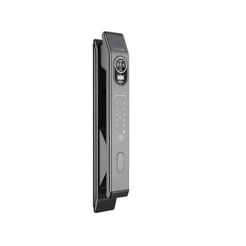 Smart Door Lock Offering Hella Secure Hidden Fingerprint Access and Digital Remote Automatic Deadbolt Silent as Ghost in gray finish.