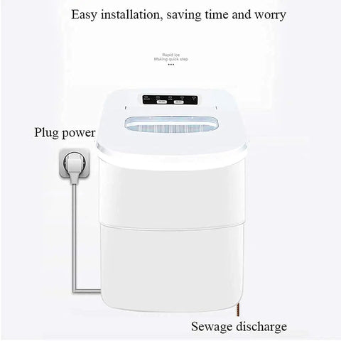 Compact Electric Ice Cube Maker Countertop Portable Machine That Blasts Ice In Six Minutes Flat With Ultra Quiet Operation. Showing plug power connection.