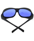 Kickass Laser Safety Glasses Optical Density Four Plus For 585 And 595 Nm Pulsed Dye Lasers Clear Polycarbonate Lenses front view with blue lenses.