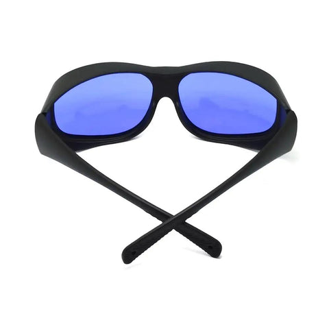 Kickass Laser Safety Glasses Optical Density Four Plus For 585 And 595 Nm Pulsed Dye Lasers Clear Polycarbonate Lenses front view with blue lenses.