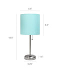 Aqua Desk Lamp In Brushed Steel With Built In Charging Outlet And Drum Fabric Shade, dimensions shown, ideal for tiny spaces.