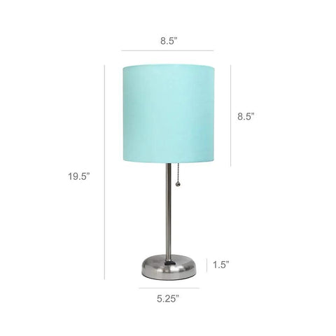 Aqua Desk Lamp In Brushed Steel With Built In Charging Outlet And Drum Fabric Shade, dimensions shown, ideal for tiny spaces.