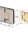 Cologne 180 Series Glass To Glass Hinge Satin Nickel Finish 180 Degree Swing; dimensions and rear view included.