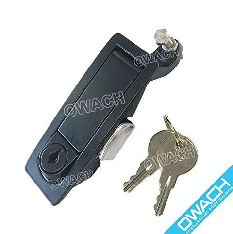 Front view of OWACH AL-919-1L compression latch with flush lever, locking, black housing; includes two keys.