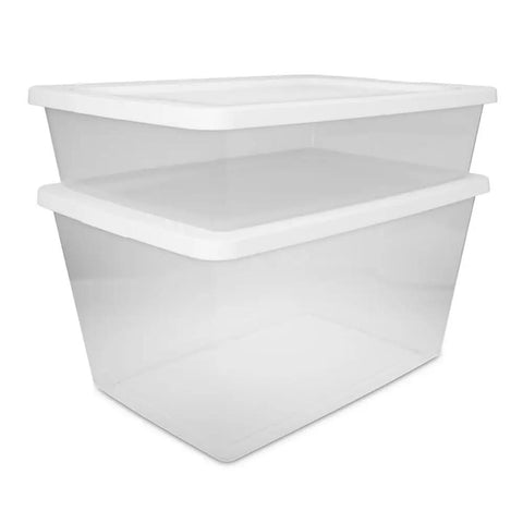 Kick The Junk Clutter Aside With These Ridiculously Spacious Clear Plastic Storage Containers Featuring Hassle Free Snap On Lids Straight Outta The Box Ready To Tame Your Garage Tools And Closet Stash Massive 58 Quart Capacity 8 Pack Included - Two stackable clear plastic bins with white snap-on lids.