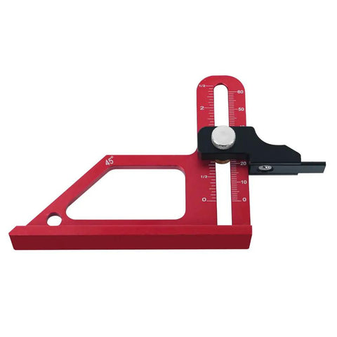 Rock Solid Aluminum Height Gauge And Table Saw Push Block With Dead On 0 To 60 Millimeter Adjustment, Integrated Metric And Imperial Scale, Heavy Duty Cutting Guide For Routers And Drill Presses, red with adjustable measuring scale.