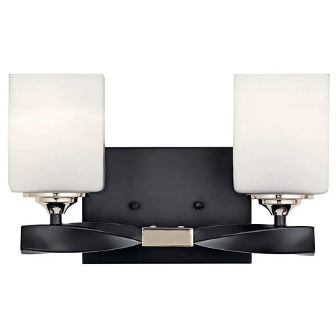 Two-Light Marette 13.5-Inch Vanity Light In Brushed Nickel With Satin Etched Cased Opal Glass For Bathroom Or Powder Room Delivers Ambient Glow