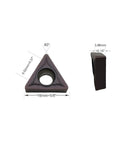LINZUAN carbide turning insert, triangular 60° with center hole; 16mm width, 3.96mm thick (0.15in), front and side views.