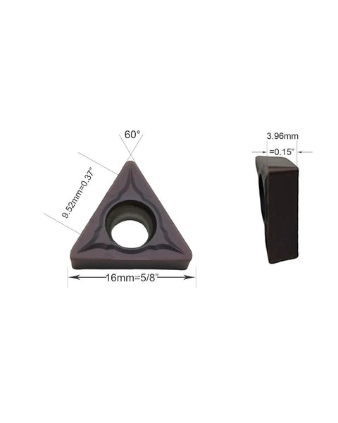 LINZUAN carbide turning insert, triangular 60° with center hole; 16mm width, 3.96mm thick (0.15in), front and side views.
