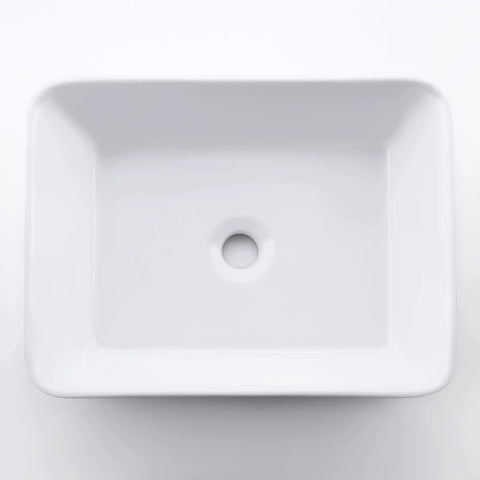 Top view of rectangular vessel sink with faucet and drain combo in brushed nickel finish 19 by 14.6 inch bathroom vanity sink set