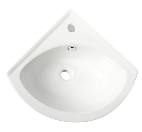 Top view of White 22 Inch Corner Wall Mounted Ceramic Porcelain Sink With Faucet Hole Durable Glossy Glaze For Small Bathrooms And Modern Quarters Ideal For Tight Spaces And Contemporary Baths.