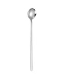 Long stainless steel teaspoon with reflective finish on white background.