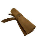 Six Slot Leather Tool Roll Up Bag For DIYers in Bourbon Brown, rolled view showcasing full grain leather and strap
