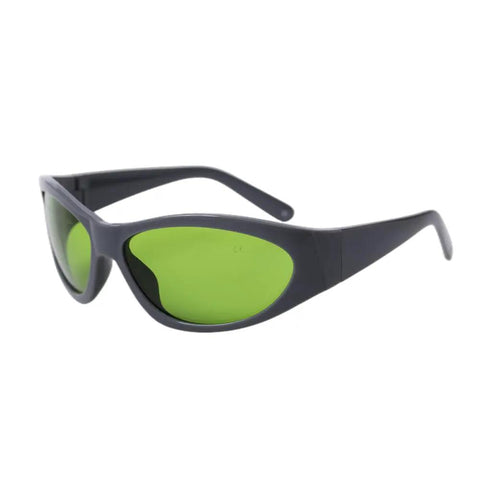 Heavy Duty Laser Safety Glasses With Crystal Clear Lenses Providing Straight Up Protection Against 660nm And 800 To 1095nm Wavelengths Featuring OD5 Rating For Labs And Clinics, gray frame, green lenses.