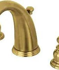 Victorian Style Dual Lever 8 To 16 Inch Widespread Bathroom Faucet In Brushed Brass With Low Arc Spout Flexible 3 Hole Deck Mount