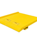 Tough As Nails Heavy Duty 84 By 96 Inch Shipping Container Loading Ramp With Fold Down Loop Flips and Safety Chain Forklift Ready 15000 Pound Capacity yellow steel deck close-up view.