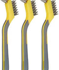 Three stainless steel mini wire brushes with soft grip ergonomic handles, grey and yellow, for paint removal and rust cleanup crevice cleaning.
