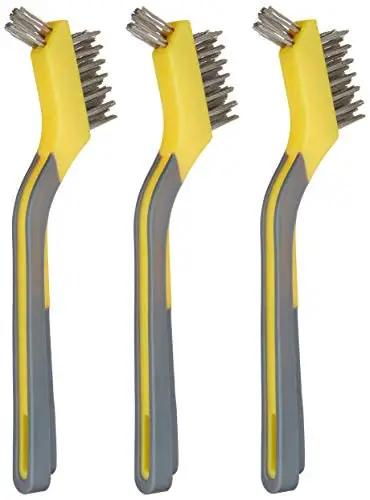 Three stainless steel mini wire brushes with soft grip ergonomic handles, grey and yellow, for paint removal and rust cleanup crevice cleaning.