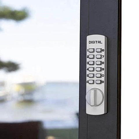 Keyless Push Button Surface Mount Hook Bolt Lock for Sliding Doors White Finish with Programmable Code installed on glass door