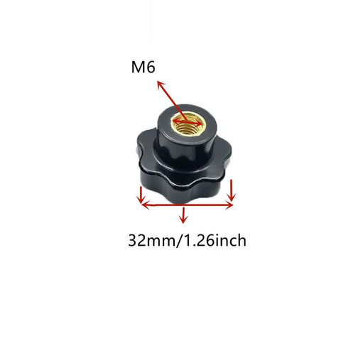 Heavy Duty M6 Star Knob Clamping Handles Featuring A Rugged Black Plastic Grip For Lightning Fast Panel Mount Machinery Adjustment 10 Piece Top Shelf Hardware Kit in black plastic with M6 thread and 32mm size.