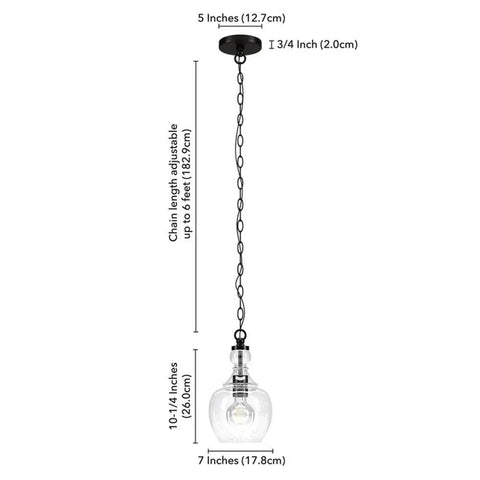 7 Inch Wide Glass Shade Pendant Light In Blackened Bronze With Seeded Glass For Kitchen Island And Living Room Finish Flush Mount Ceiling Fixture Modern Rustic Vibe Pendant Lighting For Home shown with dimensions and adjustable chain
