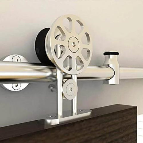 Close-up of Beefy Stainless Steel Sliding Barn Door Hardware Kit For 6.6 Foot Track Single Door With 2000mm Rail mounted on wall.