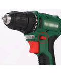 Beefy 21V Rechargeable Cordless Hand Drill Kit Featuring Dual Speed Gears And Black Oxide High Carbon Steel Bits With An Ergonomic Handle showing trigger and gear settings.