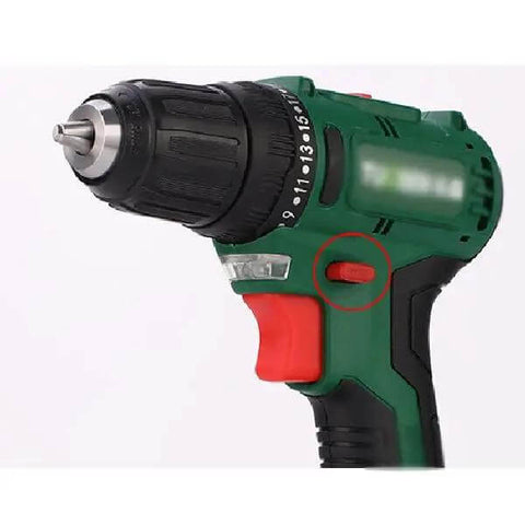Beefy 21V Rechargeable Cordless Hand Drill Kit Featuring Dual Speed Gears And Black Oxide High Carbon Steel Bits With An Ergonomic Handle showing trigger and gear settings.