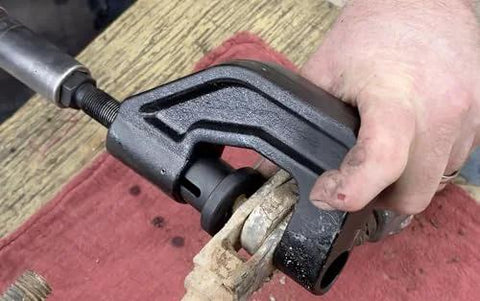 Pro Grade Brake Clevis Pin Press With Spring Loaded Plunger For Auto Centering On The Pin And Easy Cotter Pin Removal in use