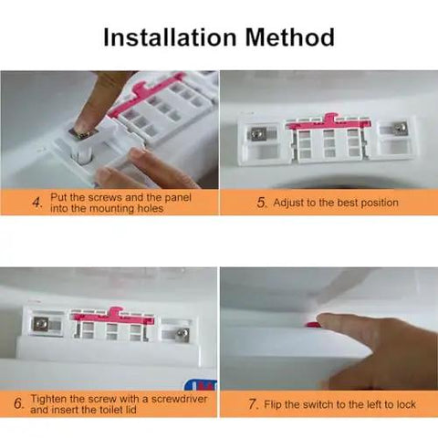 Installation steps showing screws, mounting holes, and adjusting for Heckuva Durable Quick Release Toilet Seat With Thick Buffer Pads For V And U Shapes Family Ready Top Mount Cover Extra Tough Plastic Lid In Bright Poppy Colors No Sweat Setup Smooth Ride.