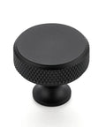 Round Matte Black Knobs And Knurled Single Hole Pulls, solid metal cabinet hardware for drawers and doors, side view