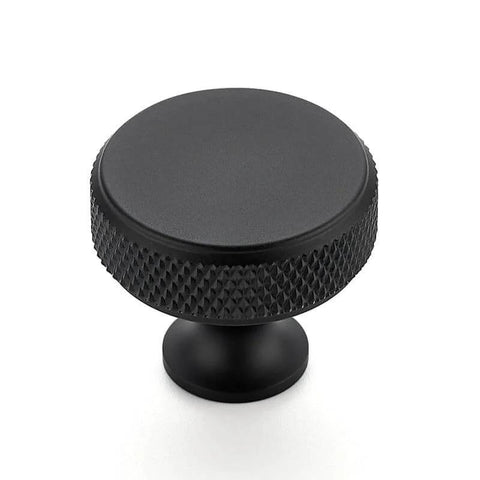 Round Matte Black Knobs And Knurled Single Hole Pulls, solid metal cabinet hardware for drawers and doors, side view