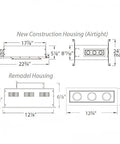 Dimensions diagram of Triple LED Recessed Downlights With New Construction Housing And Trim 3000K Warm White 45 Degree Narrow Beam.