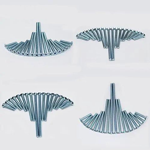 Flat Head Phillips Electrician Machine Screw Kit 370 Piece Set with blue and white zinc coating in various sizes arranged.