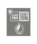 Label showing 'Lead Free' and 'Plastic Free' certification with a QR code.