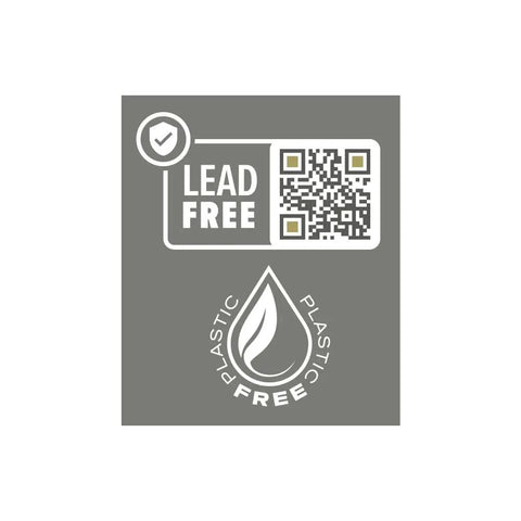 Lead-free and plastic-free certification label with QR code for product verification.